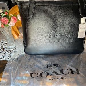 NWT Coach Tote With Horse And Carriage Black/Redwood Pebble Leather